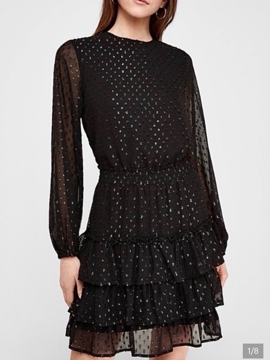 Express Dresses & Skirts - Express Black Long-Sleeve Tiered Mesh Dress with Metallic Dots